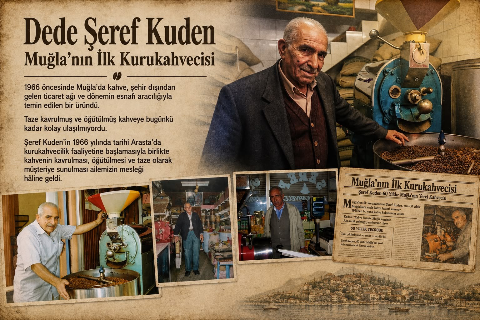 Dede Şeref Kuden — Muğla'nın ilk kurukahvecisi; kavurma makinesi başında ve dükkânında çekilmiş arşiv fotoğrafları